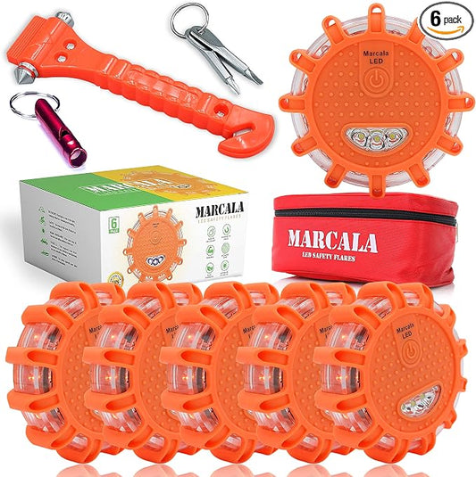 Marcala 6‑Pack LED Road Flares | DOT Compliant Emergency Lights for Vehicles with Batteries, Whistle & Case | Flares Emergency Road | Emergency Flares | Perfect For Gifting or Everyday Roadside Safety