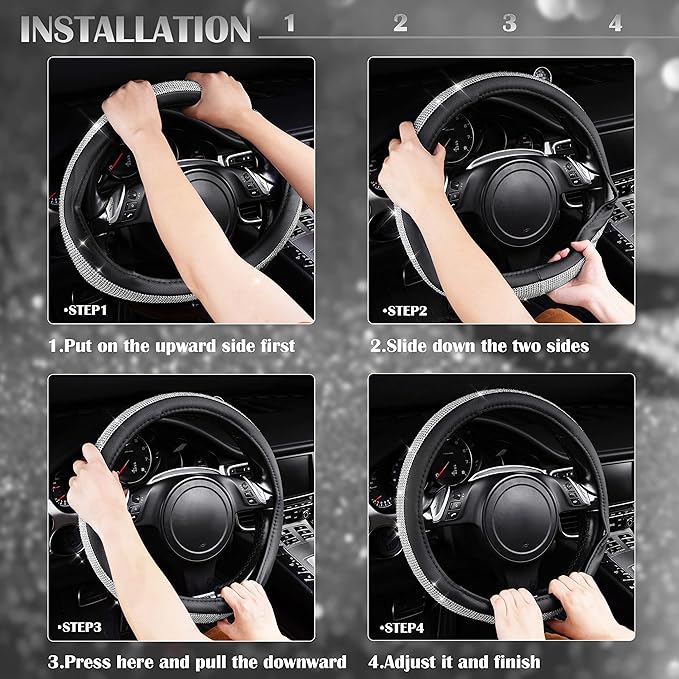 CAR PASS Bling Silver Diamond Leather Steering Wheel Cover, with Sparkly Crystal Glitter Rhinestone Universal Fit 13" 1/2-14" Small Car Wheel Protector for Women Girl Fit Car,SUV,Van,Sedan, Silver