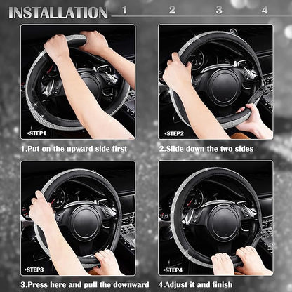 CAR PASS Bling Silver Diamond Leather Steering Wheel Cover, with Sparkly Crystal Glitter Rhinestone Universal Fit 13" 1/2-14" Small Car Wheel Protector for Women Girl Fit Car,SUV,Van,Sedan, Silver