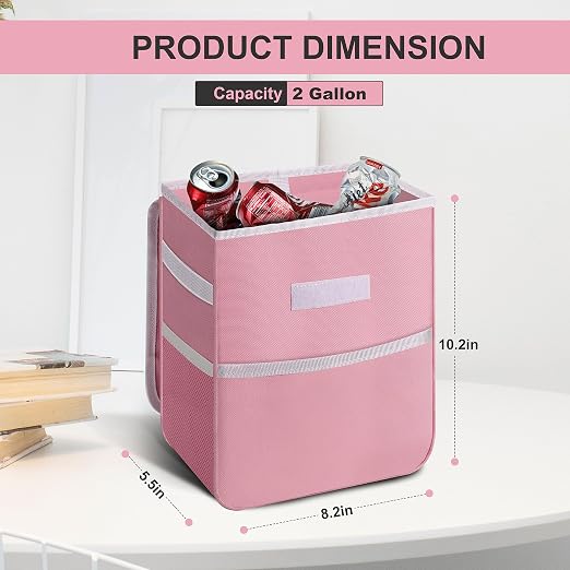 Healsmart 2 Gallon Car Trash Can Lid and Storage Pockets, Leak-Proof Collapsible and Portable Organizer, Multipurpose Garbage Bin with Adjustable Straps, Pink