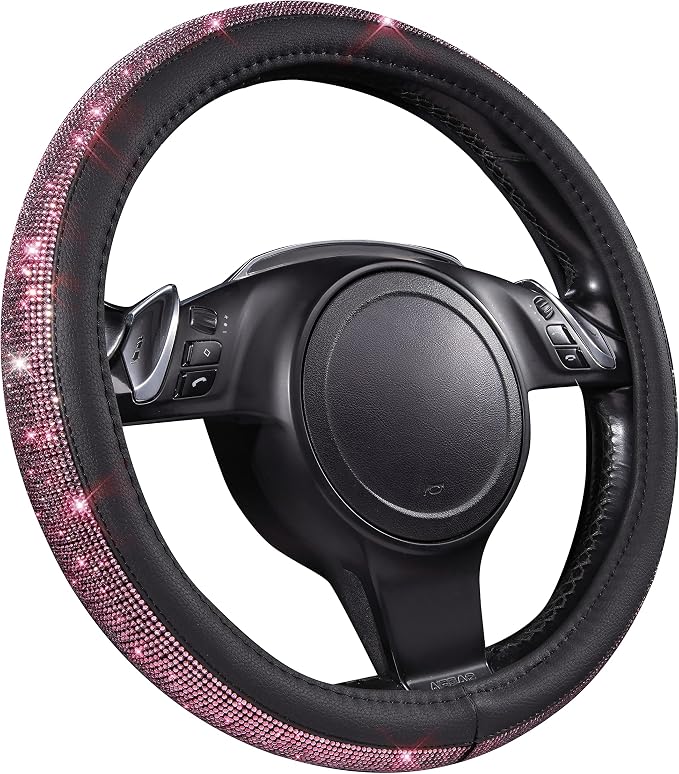 CAR PASS Bling Diamond Leather Steering Wheel Cover, Bling Sparkly Crystal Glitter Rhinestones Universal Fit 14" 1/2-15" Car Wheel Protect for Women Girl Fit Suvs,Vans,Sedans,Cars,Trucks, Pink Black