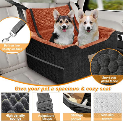 Dog Car Seat for Medium/Large Dog Booster Seat Under 60 lbs or 2 Small Dogs, Multi-Functional Pet Car Seat with Thick Cushion, 2 Safety Leashes (Black/Red Brown, Medium)