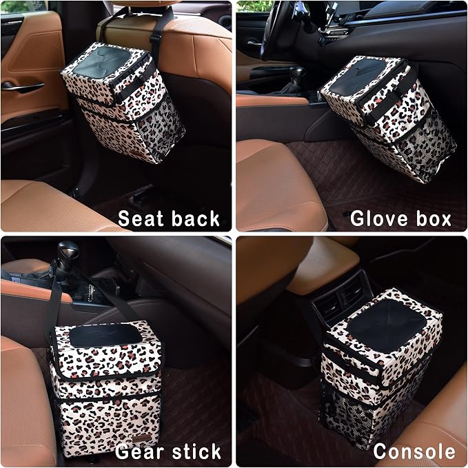 SIBOFUEGO Cute Car Trash Can with Lid – Multipurpose Collapsible Trash Bin for Car, Leak-Proof Organizer, Waterproof Garbage Can with Storage Pockets & Adjustable Straps, 2 Gallons (Leopard Print)