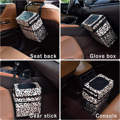 SIBOFUEGO Cute Car Trash Can with Lid – Multipurpose Collapsible Trash Bin for Car, Leak-Proof Organizer, Waterproof Garbage Can with Storage Pockets & Adjustable Straps, 2 Gallons (Leopard Print)