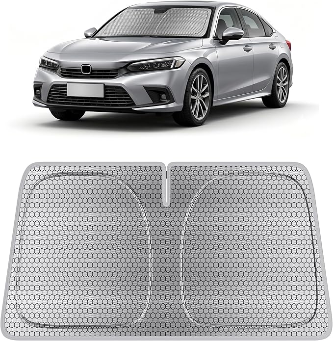 helloleiboo Windshield Sun Shade for Honda Civic 2022-2026 Graphene Honeycomb Heat Shield with UV Protection Foldable Custom Fit Front Window Sunshade Silver 56" x 28"