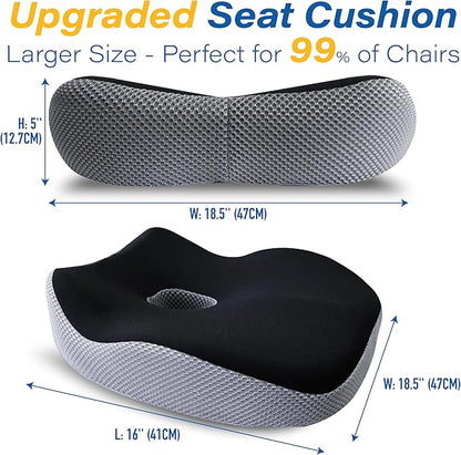 Car Seat Cushion, Ergonomic Memory Foam Car Cushion for Sciatica Pain Relief, Larger Driving Seat Pillow for Short Drivers on Long Drives - Butt Pillow for Truck, Office, Wheelchair - Black&Gray