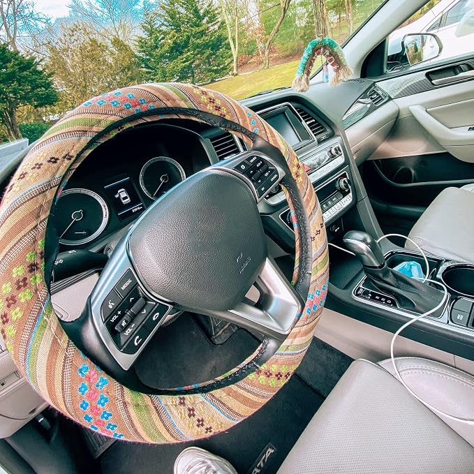 Boho Steering Wheel Cover for Women Men Baja Blanket Enthic Car Steering Wheel Cover Ethnic Car SUV Wheel Protector, Breathable, Anti-Slip, Odorless, Universal Fit 14.5-15 Inch