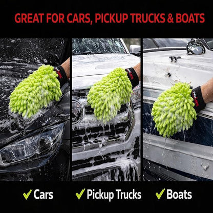 Microfiber Car Wash Mitt 2 Pack, Chenille Scratch-Free Wash Gloves, Ultra Soft, Highly Absorbent, 7.1” x 10.2”, Lint-Free, Reusable Auto Cleaning Mitt (Green)