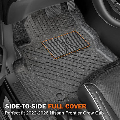 KUST Floor Mats for 2022-2026 Nissan Frontier Crew Cab Accessories (with 2nd Row Under-Seat Storage), All Weather Car Mats 2 Rows, TPE Rubber, Raised Edge, Extended Lip, Extra Heel Pad Plate
