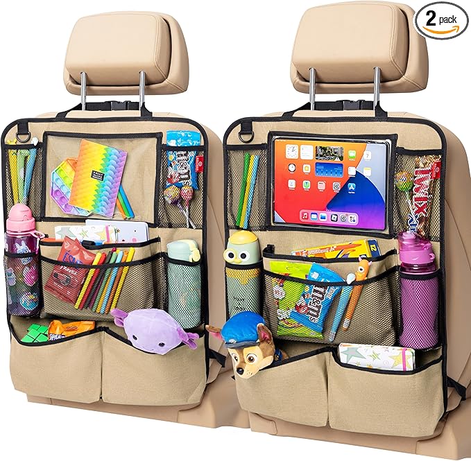 Helteko Backseat Car Organizer, Kick Mats Back Seat Protector with Touch Screen Tablet Holder, Back Seat Organizer for Kids with 9 Storage Pockets, Travel Accessories (2 Pack, Beige)