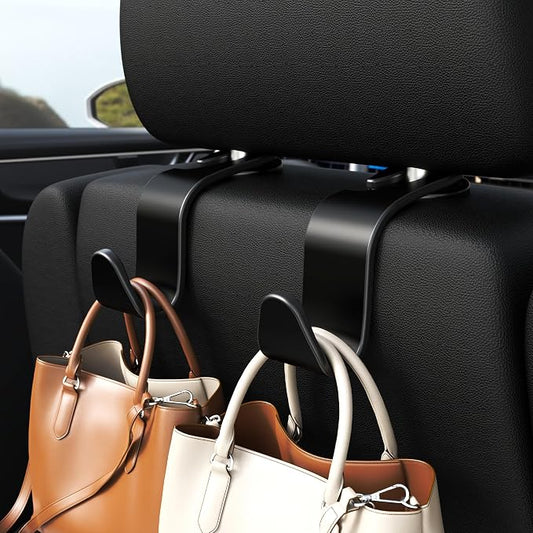 Amooca 4-Pack Car Headrest Hooks Vehicle Storage Organizer for Purses Handbags Groceries Backpack Coats –Holds 55lbs 360° Rotating Black