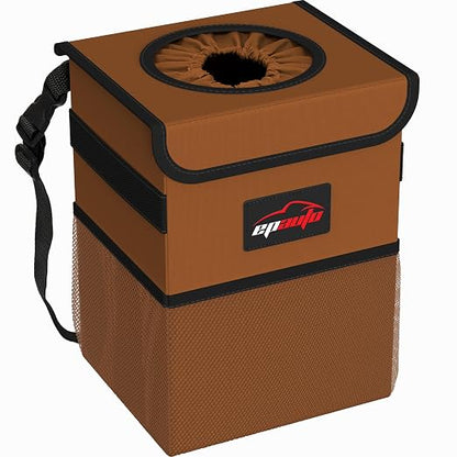EPAuto Waterproof Car Trash Can with Lid and Storage Pockets, 2.5 Gallon Leakproof, Brown