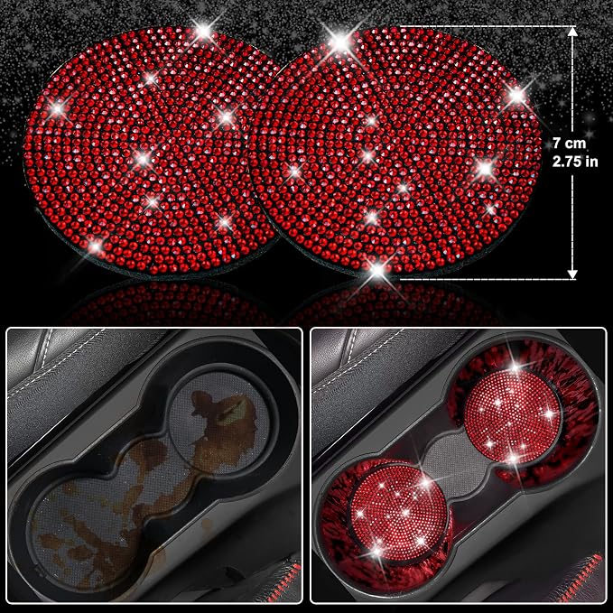 CAR PASS 11 PCS Bling Red Steering Wheel Cover Set for Women, Sparkly Rhinestone Diamond Bling Seat Belt Cushion, Glitter Shift Knob Cover, Car Cup Holder Coaster, Cute Interior Sets Red 14.5"-15"