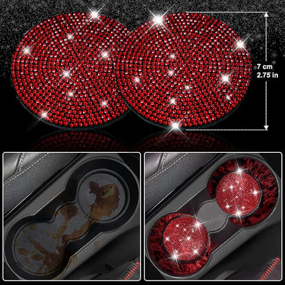 CAR PASS 11 PCS Bling Red Steering Wheel Cover Set for Women, Sparkly Rhinestone Diamond Bling Seat Belt Cushion, Glitter Shift Knob Cover, Car Cup Holder Coaster, Cute Interior Sets Red 14.5"-15"