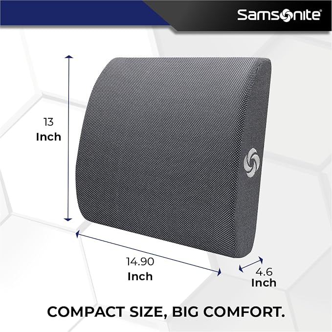 Samsonite Ergonomic Lumbar Pillow for Office Chair and Car Seat - Memory Foam Back Support Lumbar Pillow, Premium Cushion Chair Support for Lower Back Pain Relief and Versatile Use (Dark Grey)