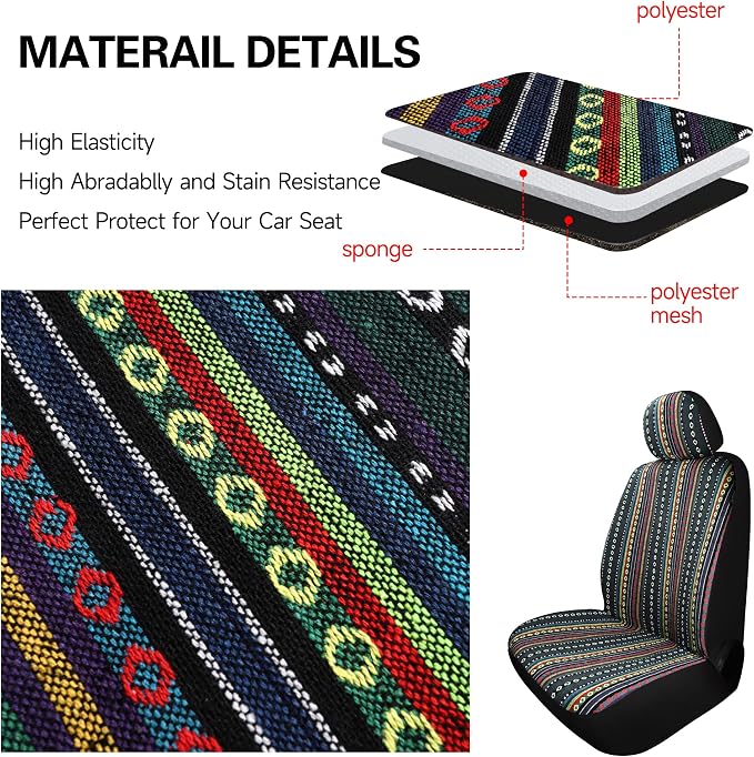 HAIYAOTIMES Baja Saddle Blanket Car Seat Covers Front Set with Seat Belt Pads, Washable Breathable Seat Covers for Cars, Universal Fit Interior Covers for Most Cars, Airbag Compatible, Red/Blue