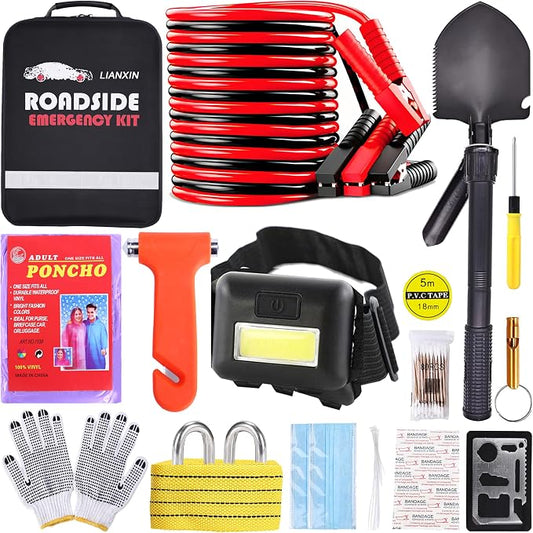 LIANXIN Car Emergency Kit, Roadside Safety Kit with Jumper Cables, Safety Hammer | Gifts for New Drivers Headlamp, folding shovel, tow strap, gloves included, for travel, and roadside emergencies Women, Men