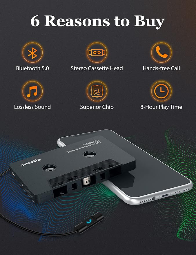 arsvita Bluetooth 5.0 Cassette to Aux Adapter for Car, Tape Audio Adapter, Hands-Free Call, Charcoal Black