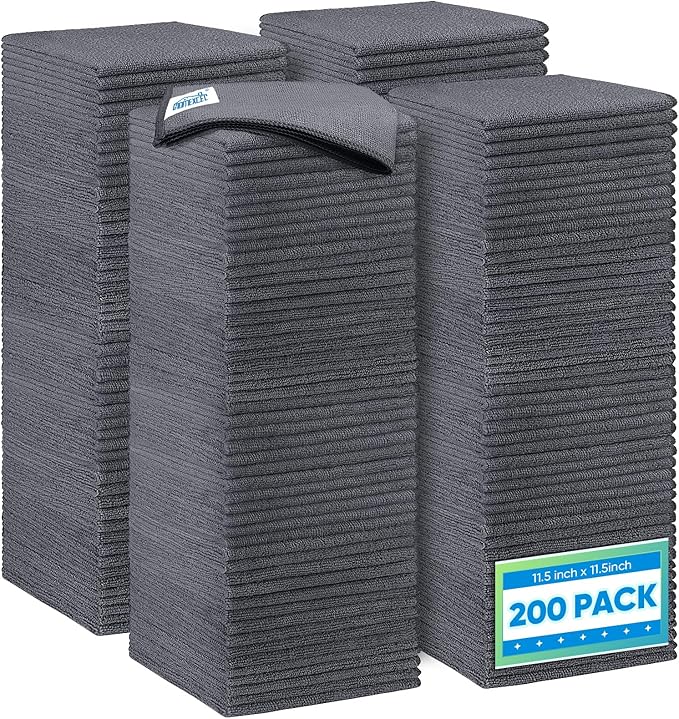 HOMEXCEL Grey Microfiber Cleaning Cloth 200 Pack, 11.5 x 11.5 inch Bulk Shop Towels | Reusable Cleaning Rags for Cars, Kitchen, Window, Garage and House, Ultra Absorbent, Lint Free, Streak Free