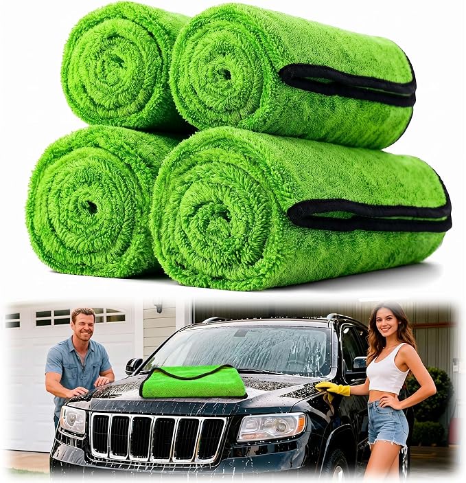 Aidoclip 4PCS Car Drying Towel Microfiber Detailing Kit - 36x24 in Car Towels Cleaning Supplies, Reusable Shammy Quick Dry Cloth for Carwash, for Auto, Boat, RV, Garage & Home (Green)