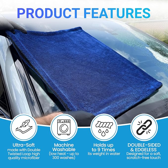 Polish Pro Microfiber Car Drying Towel, Set of 3pcs: X-Large 35"x 24" + Small 16"x16" + Free Wash Mitt, Ultra Absorbent, Microfiber Drying Towel for Cars. 1400GSM.