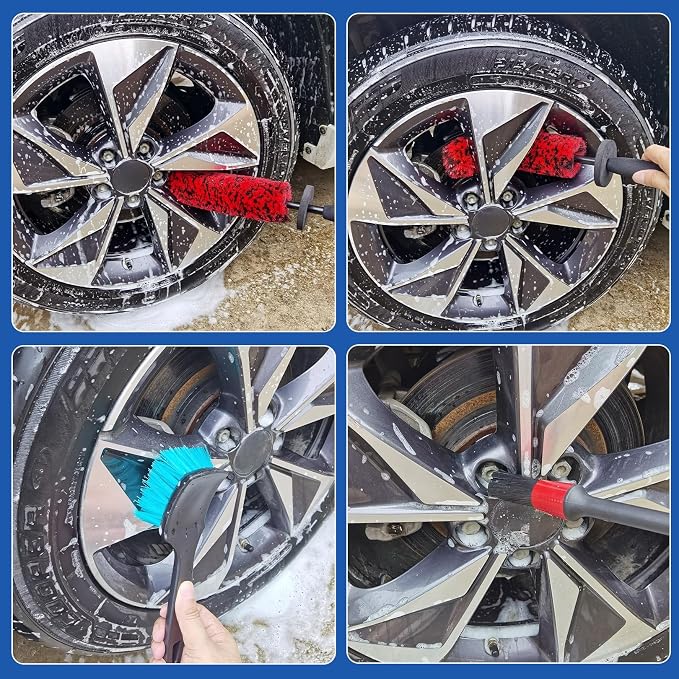 5 Pack Car Wheel and Tire Cleaner Brushes Kit Auto Motorcycle Rim Ultra Soft Microfiber No Spatter Bendable Woolies Bristle Cleaning Set (Red & Black)