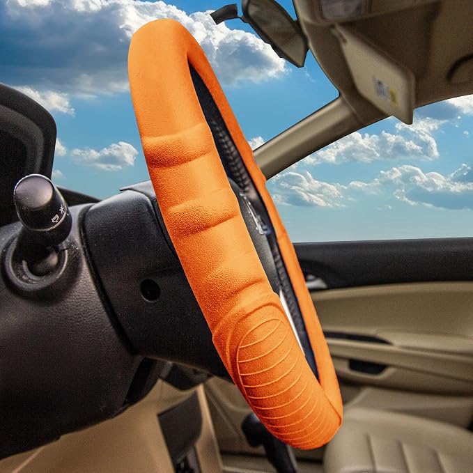 FH Group Steering Wheel Cover (Silicone W. Grip & Pattern Massaging grip Orange Color-Fit Most Car Truck Suv or Van) Orange