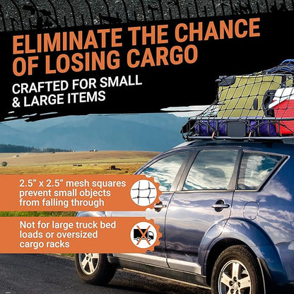 Cargo Net for Roof Rack - 22 x 38 Inch, Heavy-Duty, Mesh Square Bungee Netting with 12 Black Clips and Storage Bag - Holds Small and Large Loads