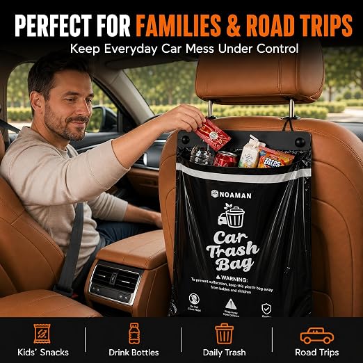 Noaman 50PCS 1 Pack Car Trash Bags, 2.5 Gal Disposable Garbage Bags for Car, SUV, Truck and RV, Leak-Resistant Odor-Control Bags, Stick-On or Headrest Mount, Alternative to Car Trash Can, Black