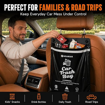 Noaman 50PCS 1 Pack Car Trash Bags, 2.5 Gal Disposable Garbage Bags for Car, SUV, Truck and RV, Leak-Resistant Odor-Control Bags, Stick-On or Headrest Mount, Alternative to Car Trash Can, Black