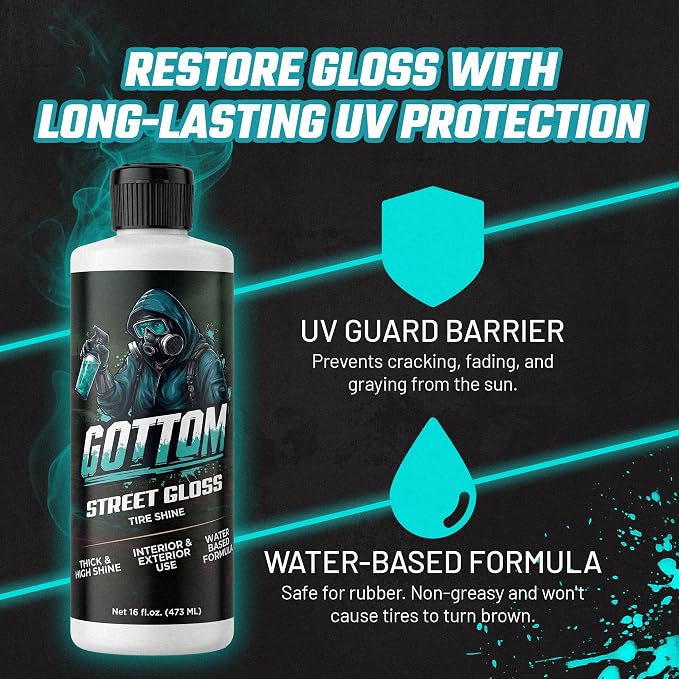 Gottom Tire & Trim Shine – 128oz, Scented Boosted Colada - Ultra High Gloss for Plastic Trim & Wheels – Water-Based Dressing – Car Tire Cleaner & Dressing – Car Detailing Supplies