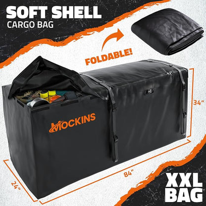 Mockins 40 Cu Ft XXL Hitch Cargo Carrier Bag Extra Wide 84"x24"x34" | 7 Ft Waterproof Trailer Hitch Storage & Truck Bed Cargo Bag | Heavy Duty Vehicle Soft-Shell Carriers w/ Lock, Straps & Case