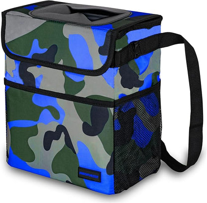 SIBOFUEGO Cute Car Trash Can with Lid – Multipurpose Collapsible Trash Bin for Car, Leak-Proof Organizer, Waterproof Garbage Can with Storage Pockets & Adjustable Straps, 2 Gallons (Camo Blue)