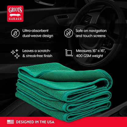Griot's Garage Dual Weave Interior Towels for Car Detailing, Cleaning, and Polishing, Ultra-Absorbent, Scratch and Lint-Free, 16” x 16”, Set of 3, 10282