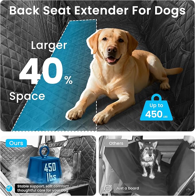 Dog Car Seat Cover for Back Seat, Hard Bottom Back Seat Extender for Dogs with Door Protector, Anti Scratch, Waterproof & Non-Slip Dog Backseat Cover for Small Mid Cars, SUVs & Trucks, Holds 450Lbs