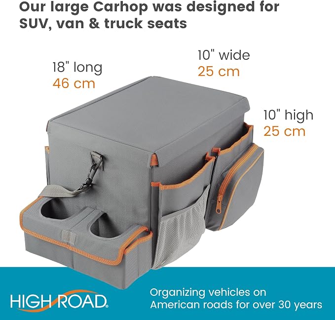 High Road CarHop Front Seat Car Organizer with Car Cup Holder, Passenger Seat Tray and Padded Filing or Cooler Compartment with Side Pocket Storage, Gray