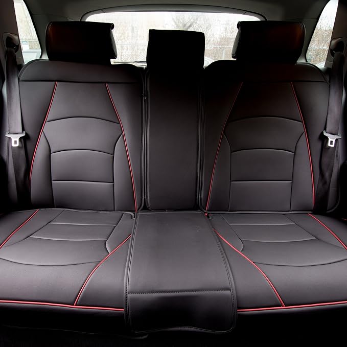 FH Group Ultra Comfort Highest Grade Faux Leather Full Set Car Seat Cushions– Universal Fit for Cars Trucks & SUVs (Black Red Trim)