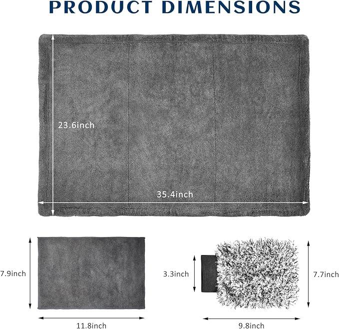 Sun Walker Car Drying Towel Set, 24"×36" Ultra Absorbent 1200 GSM Auto Cleaning Cloth with Wash Mitt & Glass Towel, Scratch-Free Streak-Free Microfiber Drying Towels for Car Truck SUV