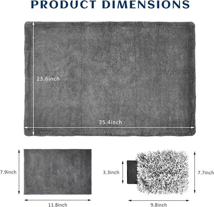 Sun Walker Car Drying Towel Set, 24"×36" Ultra Absorbent 1200 GSM Auto Cleaning Cloth with Wash Mitt & Glass Towel, Scratch-Free Streak-Free Microfiber Drying Towels for Car Truck SUV