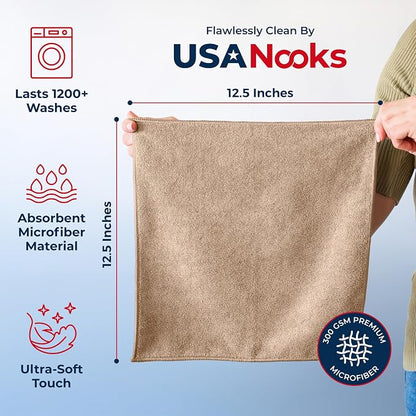 USANOOKS Microfiber Cleaning Cloth - Beige - 12Pcs (12.5x12.5 inch) High Performance - 1200 Washes, Ultra Absorbent Car Towel Traps Grime & Liquid for Streak-Free Mirror Shine - car Washing Cloth