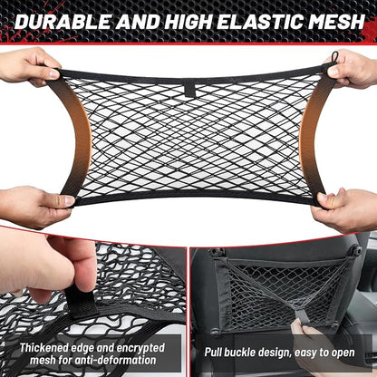 RED WOLF 2 Layer Small Mesh Cargo Net Elastic Storage Netting 2 Pcs Stretchable Car Organizer Net 14×10 Inch for Trunk RV Boats Home Auto Cargo Net Pocket with Screws and Hooks