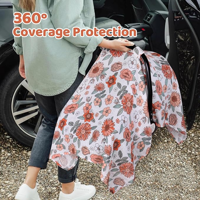 Rquite Infant Car Seat Cover for Babies Girls, 100% Muslin Cotton Carseat Canopy, Breathable Stroller Sun Shade, Baby Shower Gift & Newborn Essentials, Universal Fit Summer & Hot Weather (Floral)