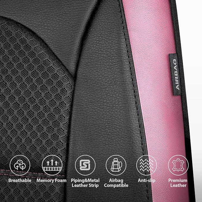 CAR PASS Memory Foam Car Seat Covers,Air Cool Mesh Thick Seat Covers Front Seats,Pink Metal Film Leather Seat Cover for Car,Universal Automotive Comfort for Most Car,Truck,Airbag Compatible,Black Pink