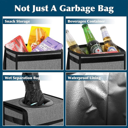 Femuar Car Trash Can Leak Proof Car Trash Bag Waterproof Car Garbage Can with Lid for SUV Front Seat Multipurpose Car Hanging for Headrest Collapsible and Portable with Storage Mesh Pocket, Grey