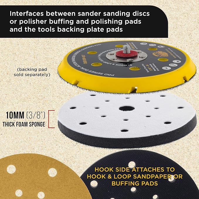 Dura-Gold Pro Series 6" x 10mm Soft Density Interface Sanding Pad, 17 Hole Pattern Dustless, 2 Pack - Hook & Loop Foam Cushion, Used Between Vacuum Sander Discs, Polisher Polishing Pads & Backing Pads