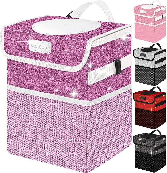 Cute Mini Car Trash Bag with Lid, Glitter Garbage Can Bin Hanging for Back/Front Seat/Console, Waterproof, Leakproof, 2.5 Gallon, Purple Bling Sparkly