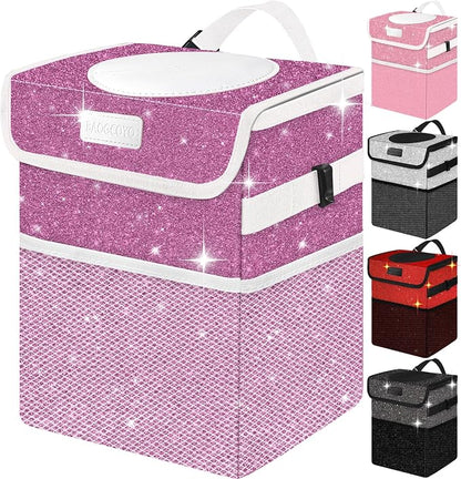 Cute Mini Car Trash Bag with Lid, Glitter Garbage Can Bin Hanging for Back/Front Seat/Console, Waterproof, Leakproof, 2.5 Gallon, Purple Bling Sparkly
