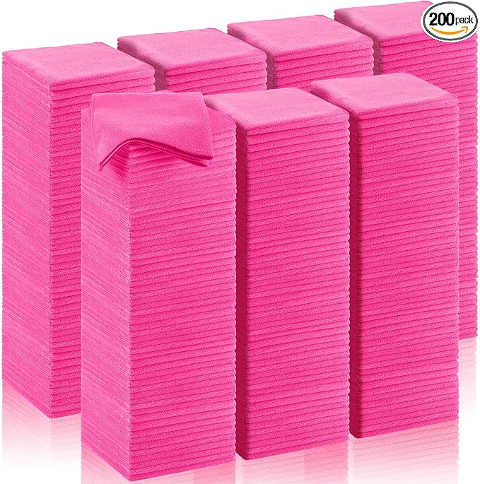 Oudain 200 Pcs Microfiber Cleaning Cloth 16x16 Inch Microfiber Towels for Car Ultra Absorbent Cleaning Rags Reusable Lint Free Streak Free Detailing Towel for Car Washing Drying Dusting (Pink)