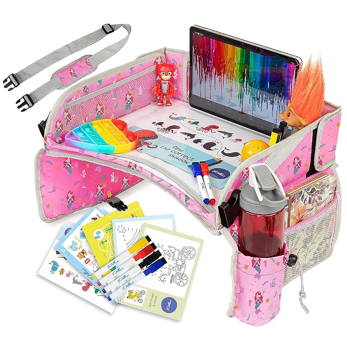 PILLANI Kids Travel Tray for Car - Toddler Car Activities, Car Seat Tray with Activity Sheets & Pens, Road Trip Essentials for Car & Airplane, Travel Lap Desk Accessories - Road Trip Activities Toys