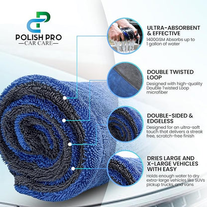 Polish Pro Microfiber Car Drying Towel, Set of 3pcs: X-Large 35"x 24" + Small 16"x16" + Free Wash Mitt, Ultra Absorbent, Microfiber Drying Towel for Cars. 1400GSM.